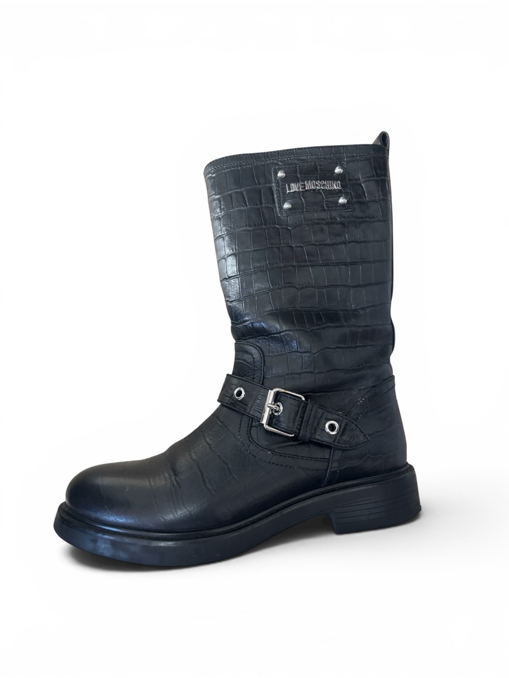 Love Moschino Black Croc-Embossed Leather Combat Boots